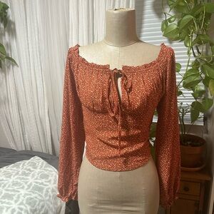 Active USA Rust Floral Tie-Front Peasant Blouse